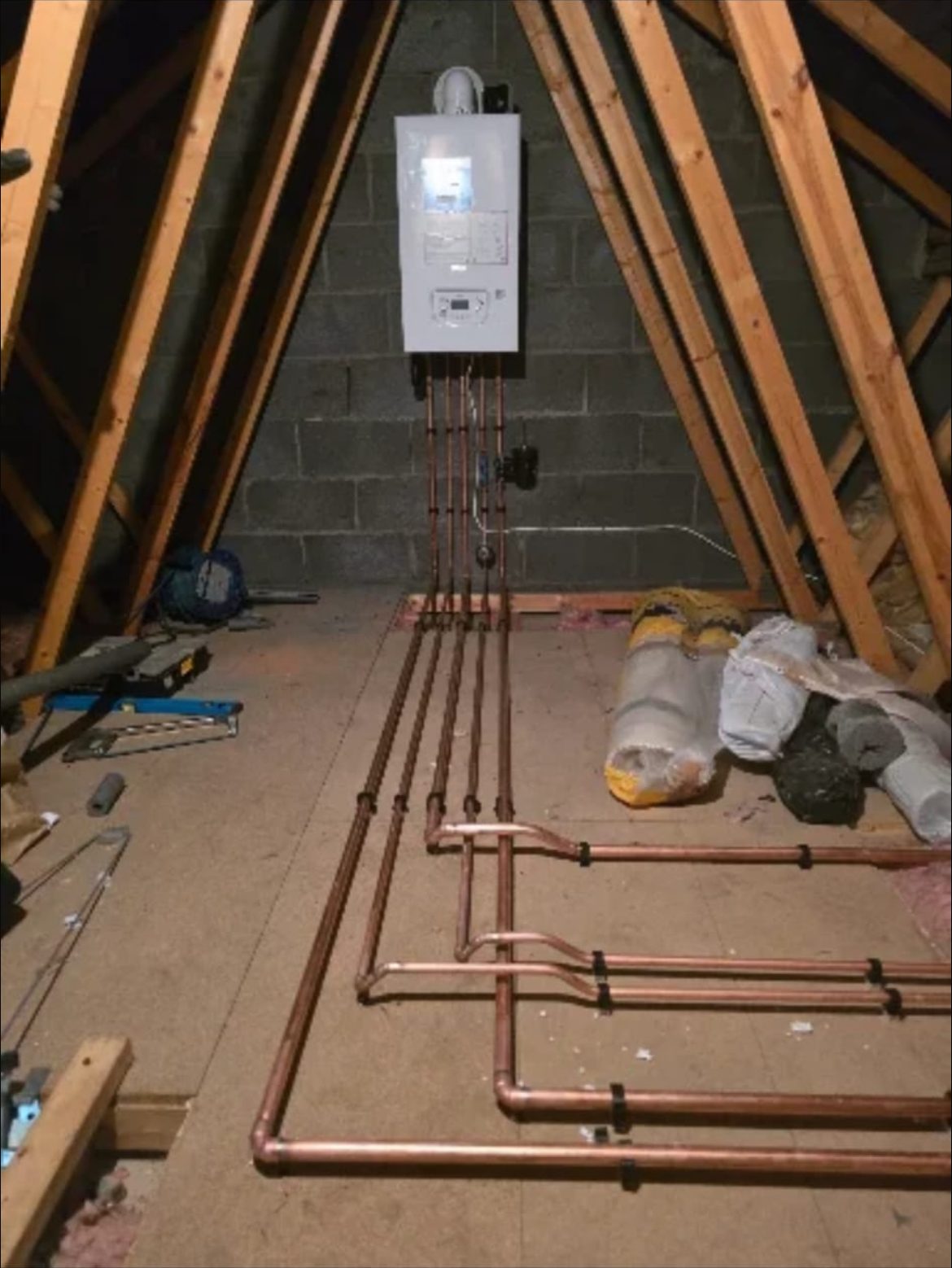 Loft boiler installation with copper pipework